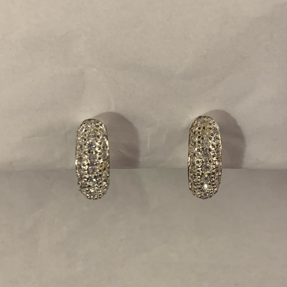 Silver Tone and Rhinestone Half Hoop Clip On Earrings